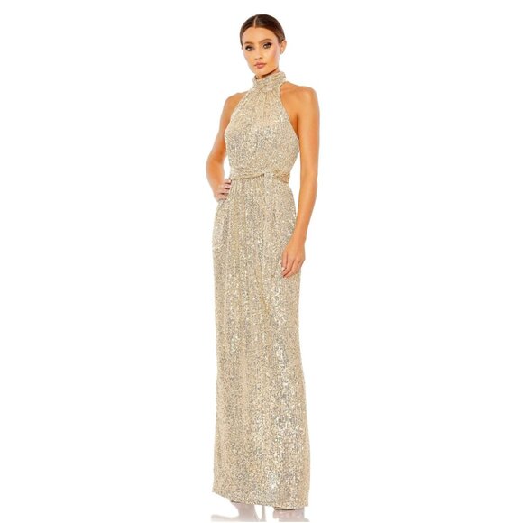 NWT Mac Duggal Sequin Halter Neck Column Gown with Tie Belt Champagne 2 #9828 - Picture 1 of 9